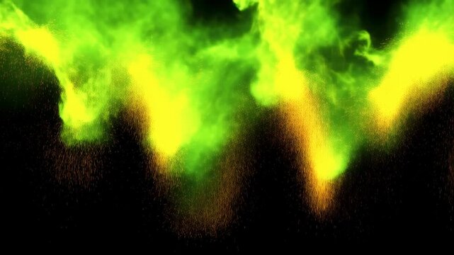 Vibrant green smoke and fiery particles ebb and flow in dynamic motion