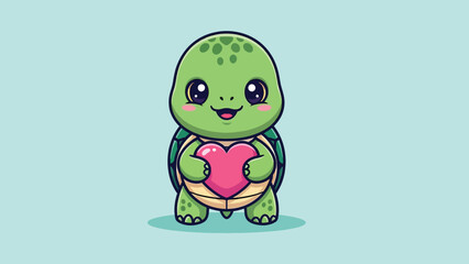 Cute Cartoon Turtle Holding a Pink Heart Illustration.
