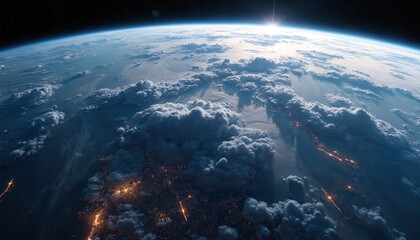 View of Earth from orbit showing continents illuminated cities and clouds against the starry cosmos. Sunlight shines on planet atmosphere during orbital sunrise above landmass. Global view.