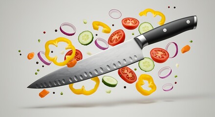 Knife with Sliced Vegetables in Midair