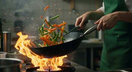 person cooking vegetables in a large skillet on a stove with flames