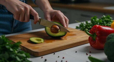 person cutting avocado on wooden board with knife in kitchen