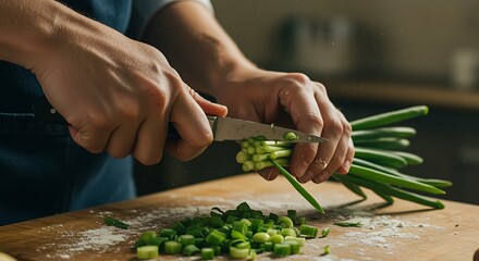 person cutting green onions on wooden board in kitchen