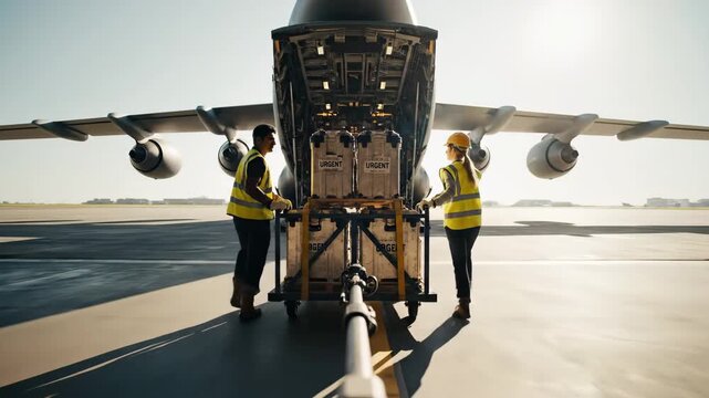 Loading palletized cargo into transport aircraft on airport tarmac, coordination of logistics operations and air delivery in cold environment