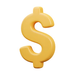 Dollar sign 3D render glossy yellow on white background for finance and currency.