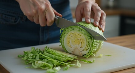 Preparing Cabbage in Kitchen