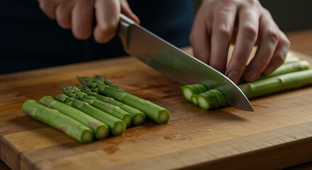 Preparing Asparagus on Wooden Board