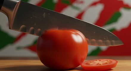 Tomato being sliced with a kitchen knife on a wooden cutting board