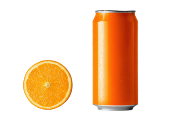 Orange soda aluminum can with a slice of fresh orange isolated on a transparent background