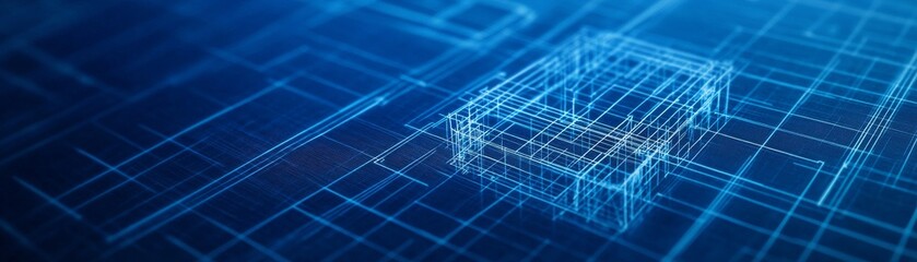 Obraz premium Blueprint Wireframe Abstract House Design in Blue, Architecture, Planning