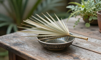 delicate dried palm frond lies atop small ornate peppercorn bowl surrounded lush greenery weathered wooden table soft diffused