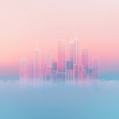 Fototapeta premium Cityscape Sketch on Pastel Sky above Clouds, Urban ,Architecture