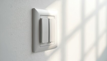 White modern double light switch mounted on textured white wall. Sunlight creates strong graphic window shadows across wall surface. Electrical device controls interior room lights, offering clean