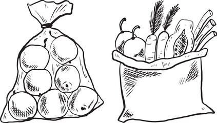 A bag of oranges and a sack of assorted vegetables. The oranges are round and bright, while the vegetables include carrots, peppers, and leafy greens.