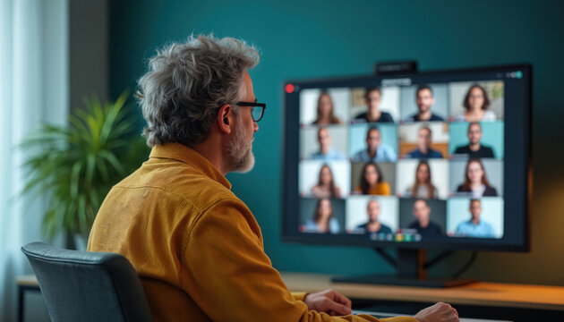 Man with glasses participates in video conference meeting. Professional leader works from home. Remote work, online conference concept. Business people discuss project strategy - Powered by Adobe