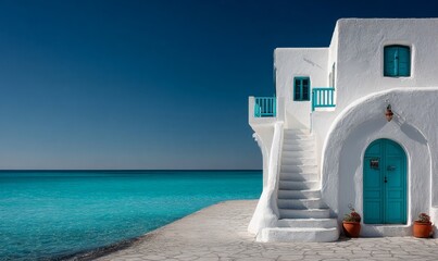 White traditional building with sea view under a clear blue sky in Greece. Mediterranean architecture, summer travel destination, minimal coastal landscape and Greek island atmosphere.