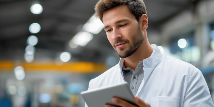 Young caucasian male engineer analyzing data on tablet in modern industrial facility - Powered by Adobe