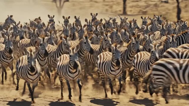 Large Zebra Herd Running Across African Savanna 4K Video