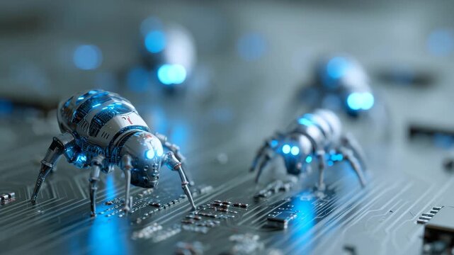 4K Futuristic micro robots with blue lights crawling on a detailed electronic circuit board, advanced ai and nanotechnology concept video