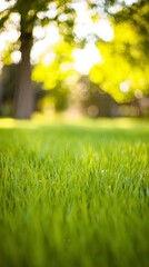 Naklejka premium blades. A peaceful spring grass field basks in morning sunlight with gentle bokeh effect. travel magazines, destination branding, designed for outdoor magazines and nature guides. 