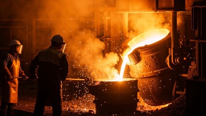 Steelworkers pouring molten metal from a ladle in a foundry. Heavy industry and metallurgy manufacturing process. Hot liquid iron casting with glowing sparks