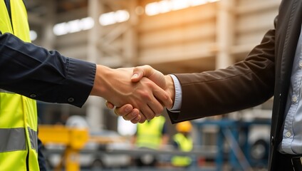 A businessman and an engineer shaking hands in a factory. Professional partnership and agreement in an industrial setting. Successful deal and collaboration concept