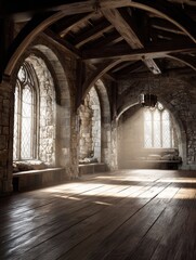 Obraz premium Medieval Castle Interior Shows Stone Walls and Soft Light Filtering Through Windows With Wooden Beams Overhead and Wooden Floorboards Below