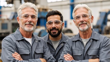 Portrait of a confident team of factory workers in an industrial plant. Two senior men and a younger colleague smiling together in a manufacturing workshop