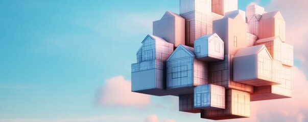 Fototapeta premium Floating City Cubic Houses Against Sky, Architecture , Design