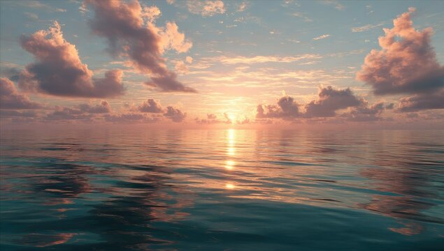 Sunset over ocean serene waters and cloudy sky at dusk