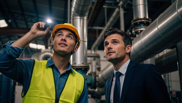 Factory worker with a flashlight and a manager inspecting industrial pipes. Engineer and supervisor on a quality control check. Teamwork and maintenance in a manufacturing plant - Powered by Adobe