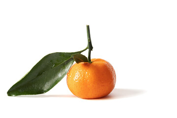 Fresh orange fruit with green leaf isolated on white background