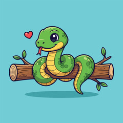 Fototapeta premium Cute Green Snake with Heart on Tree Branch Cartoon.