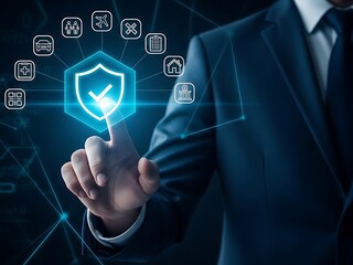 Businessman touching glowing shield with insurance on digital interface hand screen