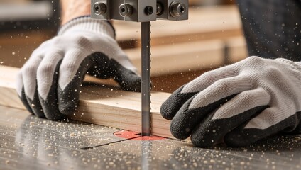 Carpenter cutting wood with a bandsaw in a workshop. Close up of worker hands in safety gloves using a power saw machine. Woodworking and manufacturing concept