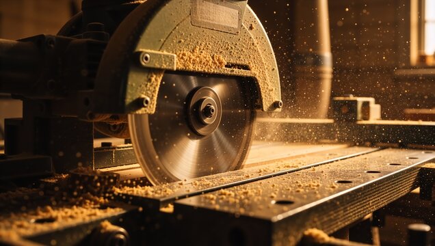 Electric circular saw cutting wood with flying sawdust in a workshop. Industrial carpentry machine blade slicing timber plank. Woodworking and construction concept - Powered by Adobe
