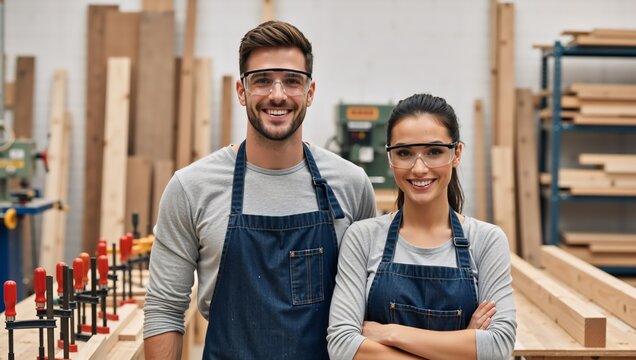 Portrait of a happy carpenter team standing in a woodworking workshop. Professional man and woman woodworkers wearing safety glasses and denim aprons. Small business owners concept
