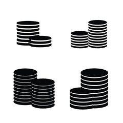 Four sets of black silhouette coin stacks symbolizing financial growth and wealth