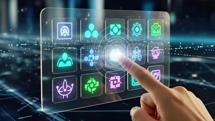 AI Dashboard UI Icons Floating in Space with Human Finger Interaction and Soft Glow