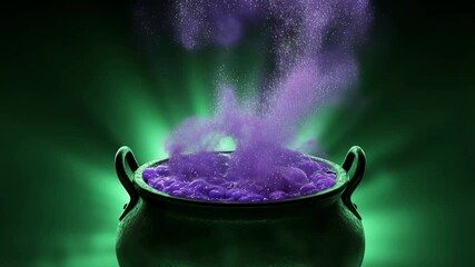 Enchanted purple mist rising from glowing cauldron in mysterious green light