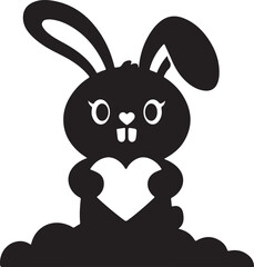 Playful bunny holding pink heart vector silhouette romantic valentine clipart
