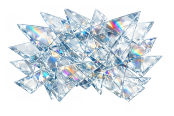 Broken glass shards scattering and refracting light, creating a sparkling spectrum effect on a transparent background