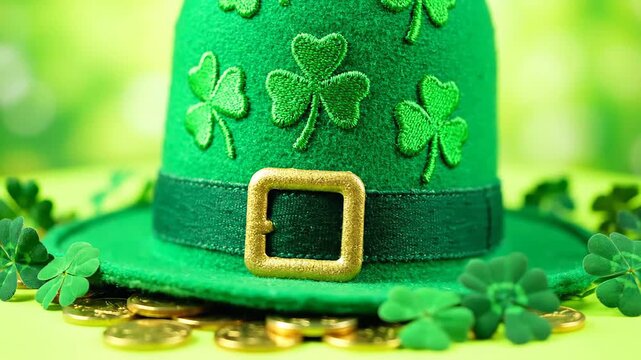 Classic green leprechaun hat adorned with a shiny gold buckle, delicate shamrock embroidery, and charming clover leaves, placed atop a stack of gleaming gold coins