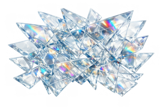 Broken glass shards scattering and refracting light, creating a sparkling spectrum effect on a transparent background - Powered by Adobe