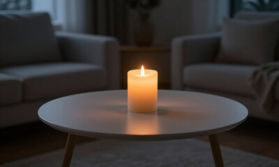 lone burning candle soft golden light emanations surrounds minimalist modern table dimly lit intimate living room setting