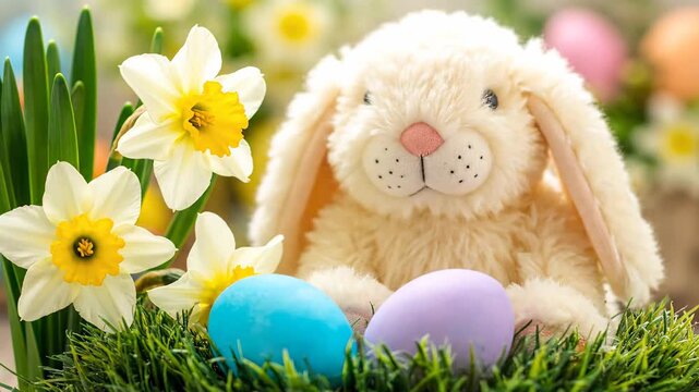 Cute plush bunny nestled among green grass, surrounded by colorful Easter eggs in shades of blue and purple. Delicate daffodils add a touch of spring beauty to the festive holiday setting