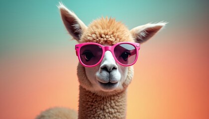 Close up of llama wearing pink framed sunglasses on colorful gradient background. Funky animal posing with trendy eyewear. Stylish mammal with cool summer accessory. Creative advertising concept with