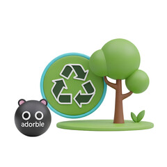 Recycling symbol with cartoon tree and bear in bright clean lighting for eco-friendly design
