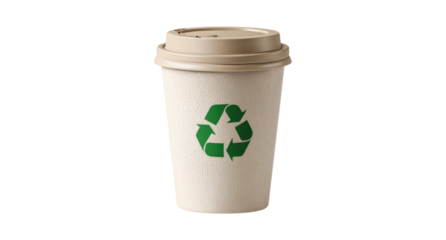 Recyclable paper coffee cup with lid and green recycling logo, isolated on a transparent background