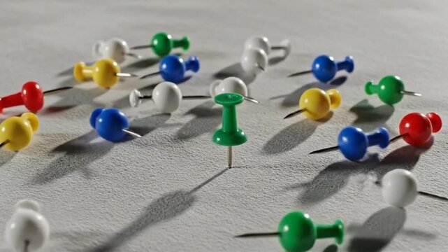 Colorful Push Pins Scattered on a Textured Surface.